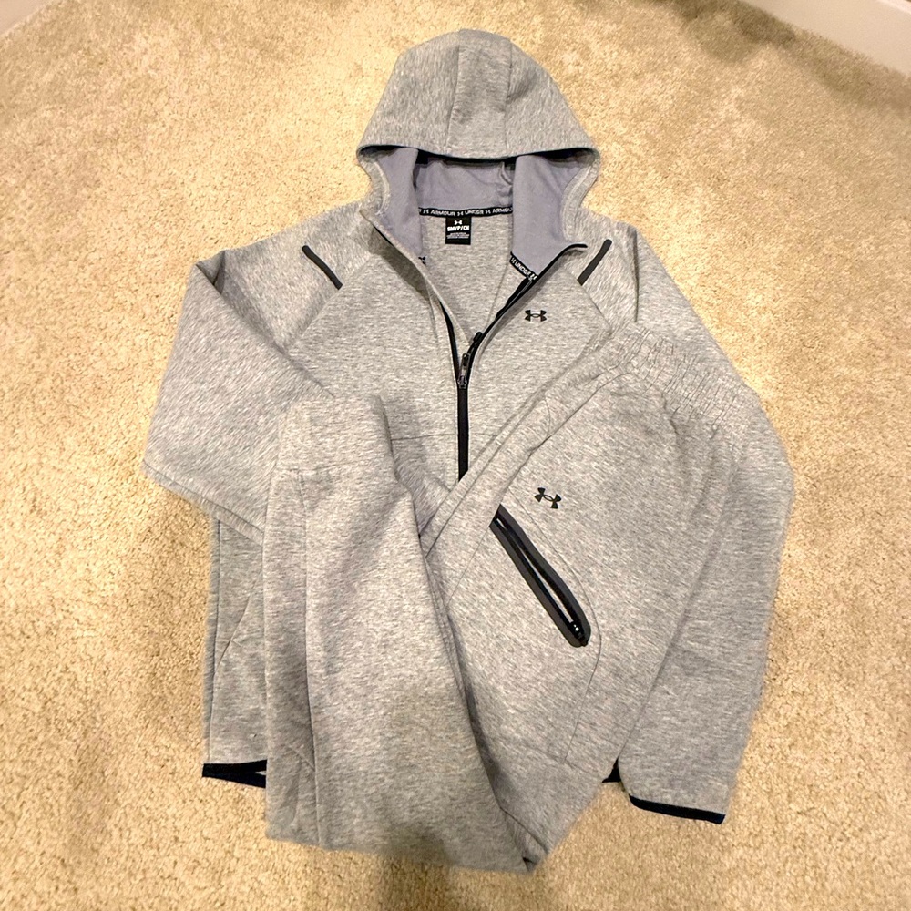 Under Armour sweatsuit top and bottom.